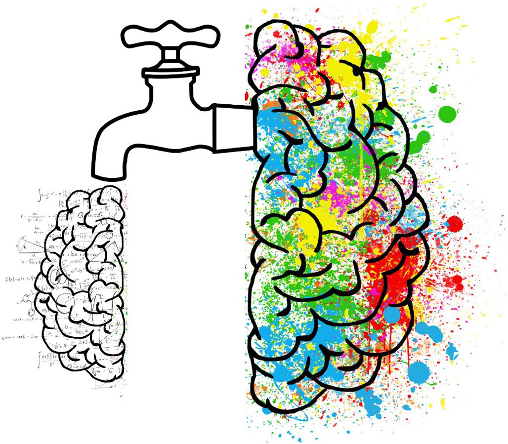 A tap plugged into a colourful half-brain on the right, with a less colourful half-brain on the left